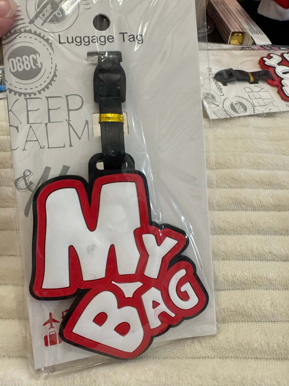 My Bag rubber luggage tag with white text on red background